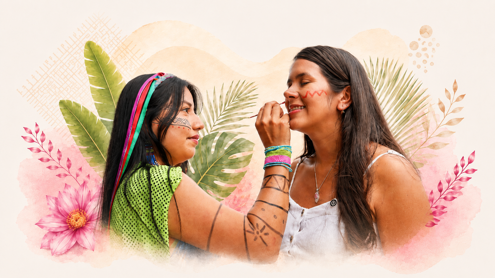 Dos mujeres comparten una práctica de pintura facial tradicional tsáchila