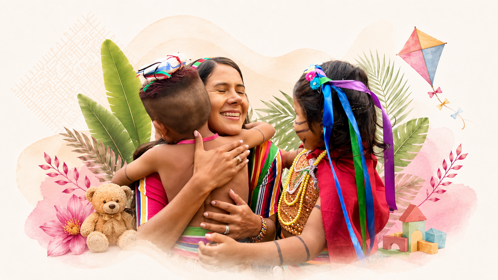 Una mujer abraza a dos niñas y niños de la comunidad tsáchila