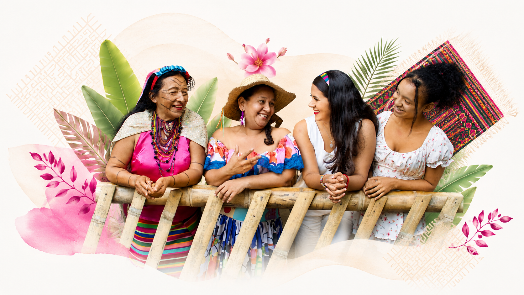 Cuatro mujeres de distintas comunidades compartiendo un encuentro